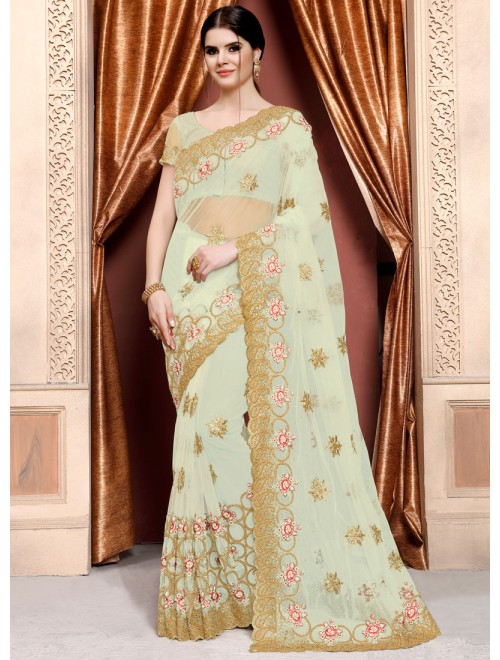 Lovely Green Color Net Fabric New Designer Wedding Wear Stunning Saree